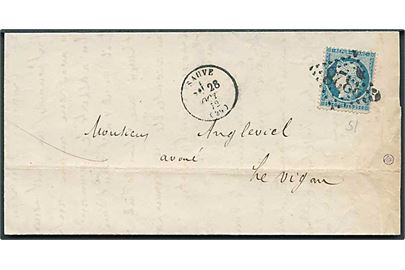 25 c. Ceres på brev annulleret med nr.stempel 3328 fra Sauve d. 28.10.1872 til Le Vigon.
