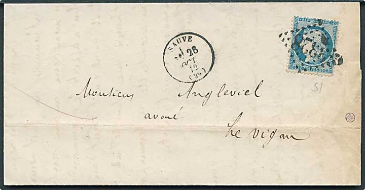 25 c. Ceres på brev annulleret med nr.stempel 3328 fra Sauve d. 28.10.1872 til Le Vigon.