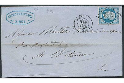 20 c. Napoleon III utakket på brev annulleret med nr.stempel 2279 og sidestemplet Nimes d. 21.2.1858 til St. Etienne