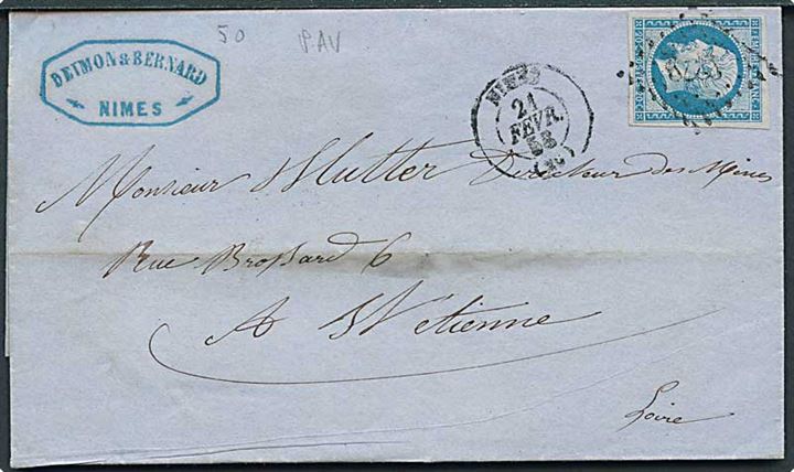 20 c. Napoleon III utakket på brev annulleret med nr.stempel 2279 og sidestemplet Nimes d. 21.2.1858 til St. Etienne