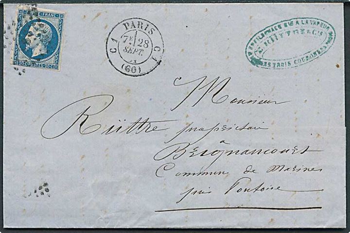 20 c. Napoleon III utakket på brev fra Paris d. 28.9.1864 til Marines.