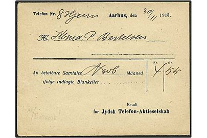 Brev med telefonregning fra Aarhus d. 30.11.1918. Regningen er i kuverten.