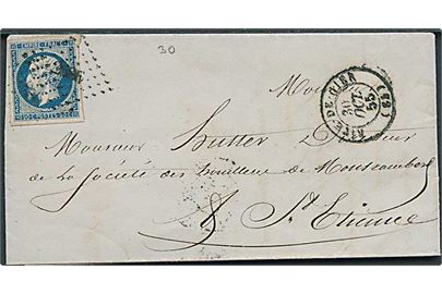 20 c. Napoleon III utakket på brev annulleret med nr.stempel 2685 og sidestemplet Rive-de-Gier d. 30.10.1855 til St. Etienne.