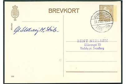 25 øre Fr. IX helsagsbrevkort (fabr. 205) fra Strib annulleret med brotype IId Jernbanepostkt. 2 Fredericia d. 23.2.1965 til Vindeby pr. Svendborg.