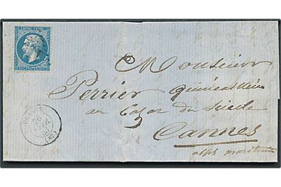 20 c. Napoleon III på brev annulleret med svagt nr.stempel fra Grasse d. 26.2.1863 til Cannes.