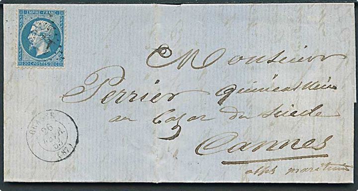 20 c. Napoleon III på brev annulleret med svagt nr.stempel fra Grasse d. 26.2.1863 til Cannes.
