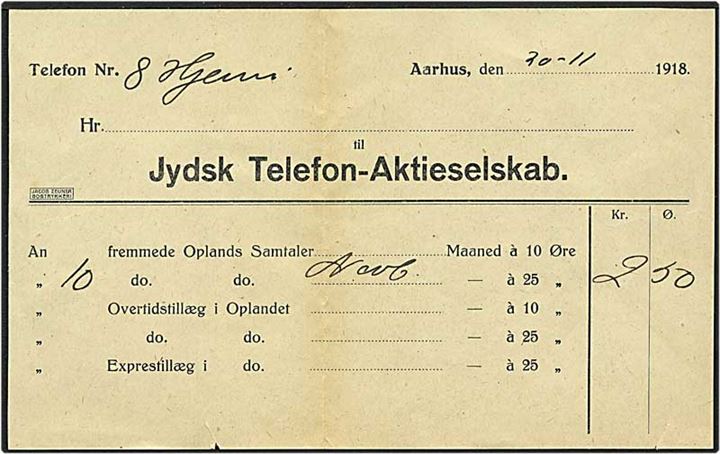 Brev med telefonregning fra Aarhus d. 30.11.1918. Regningen er i kuverten.