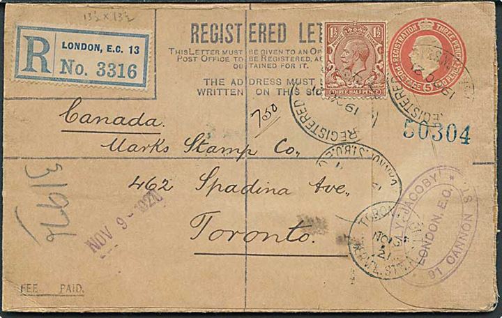 5d George V anbefalet helsagskuvert opfrankeret med 1½d George V fra London d. 19.10.1921 til Toronto, Canada.