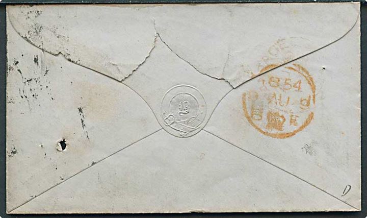1d Victoria single på brev annulleret med nr.stempel 4 og på bagsiden stemplet Wantage  d. 9.8.1854 til London.