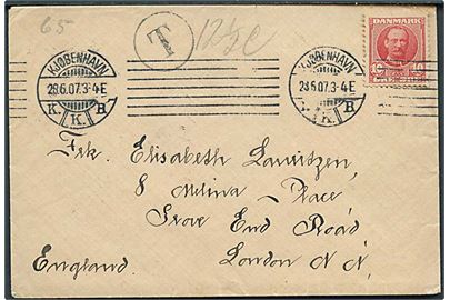 10 øre Fr. VIII på underfrankeret brev fra Kjøbenhavn d. 28.6.1907 til London, England. Sort T stempel og påskrevet 12½ c.