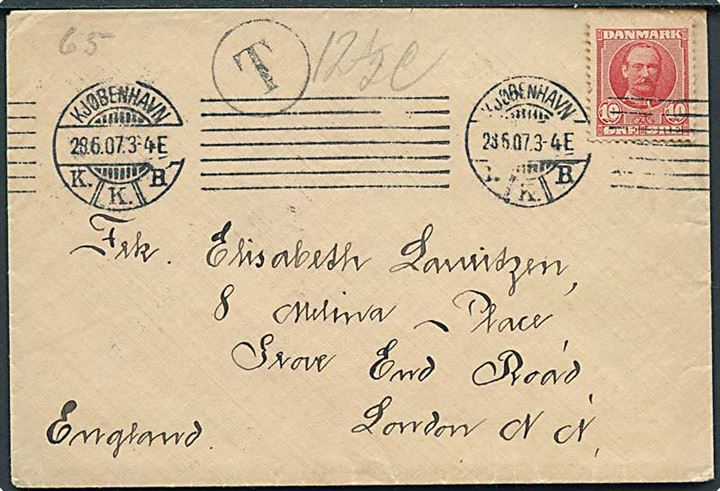 10 øre Fr. VIII på underfrankeret brev fra Kjøbenhavn d. 28.6.1907 til London, England. Sort T stempel og påskrevet 12½ c.