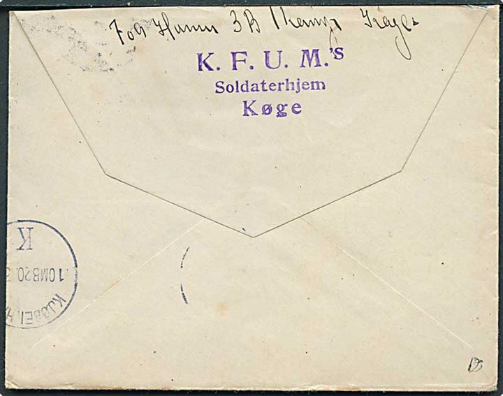 10 øre Chr. X på brev annulleret med brotype IIIb Kjøge d. 19.3.1917 til Kjøbenhavn. På bagsiden afs.-stempel: K.F.U.M.s Soldaterhjem Køge.