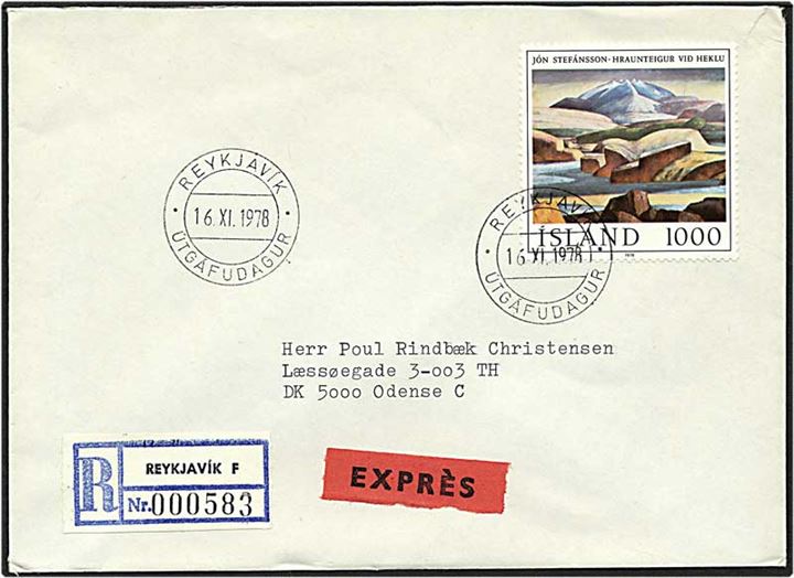 1000 kr. på Rec. expres brev fra Reykjavik, Island, d. 16.11.1978 til Odense.