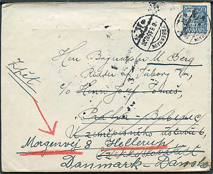 30 øre Karavel single på brev fra København d. 6.8.1935 til Prag, Tjekkoslovakiet - eftersendt til København, Danmark.