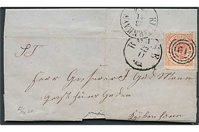 4 sk. Krone/Scepter på brev annulleret med nr.stempel 61 og sidestemplet antiqua Rønne d. 22.11.1864 til Kjøbenhavn. Fold gennem mærke.