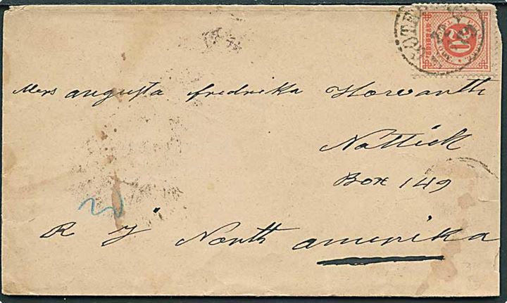 20 öre Ringtype single på brev fra Göteborg d. 22.1.1889 via New York til Nattick, USA.