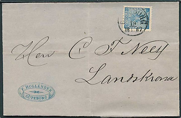 12 öre Våben på brev fra Göteborg d. 19.1.1867 til Landskrona.