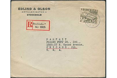 50 öre Postjubilæum single på anbefalet brev fra Stockholm d. 7.11.1936 til Chicago, USA. Fold.