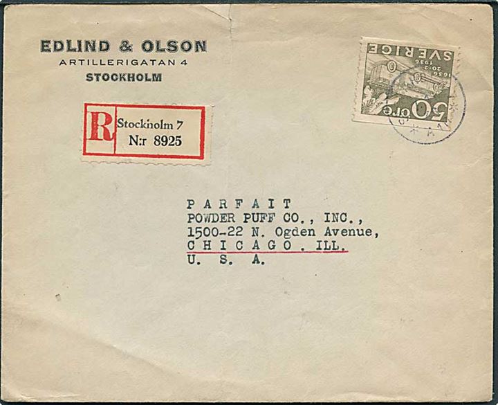 50 öre Postjubilæum single på anbefalet brev fra Stockholm d. 7.11.1936 til Chicago, USA. Fold.