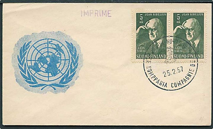 5 mk. Sibelius i parstykke på uadresseret illustreret kuvert annulleret med finsk FN-feltpoststempel d. 25.5.1957.