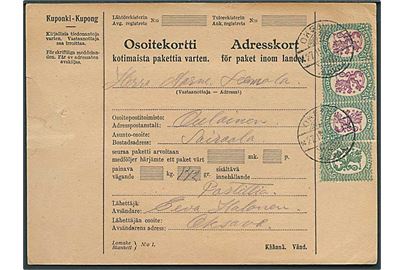 1½ mk. Løve (4) på adressekort for pakke fra Oksava d. 27.3.1927 til Oulainen.