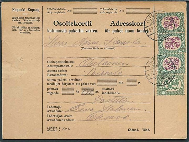 1½ mk. Løve (4) på adressekort for pakke fra Oksava d. 27.3.1927 til Oulainen.