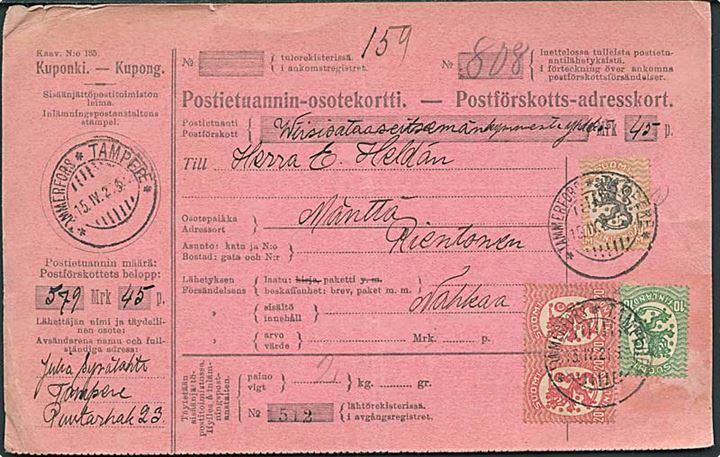 10 pen., 20 pen. (par) og 10 mk. Løve på Postopkrævnings-adressekort fra Tammerfors d. 15.4.1921 til Mänttä.