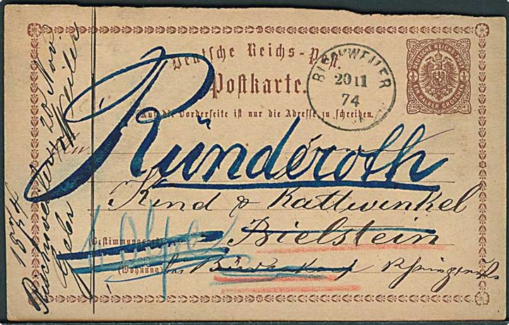 ½ gr. helsagsbrevkort fra Bischweiler d. 20.11.1874 til Bielstein - eftersendt til Runderoth.