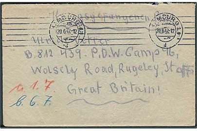 Ufrankeret krigsfangebrev fra Hamburg d. 20.6.1947 til P.o.W Camp 96, Rugeley, England.