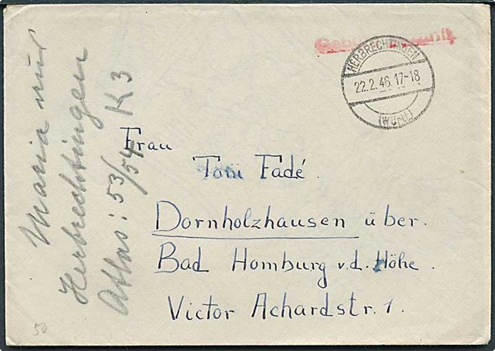 Ufrankeret brev stemplet Gebühr bezahlt fra Herbrechtingen d. 22.2.1946 til Dornholzhausen.