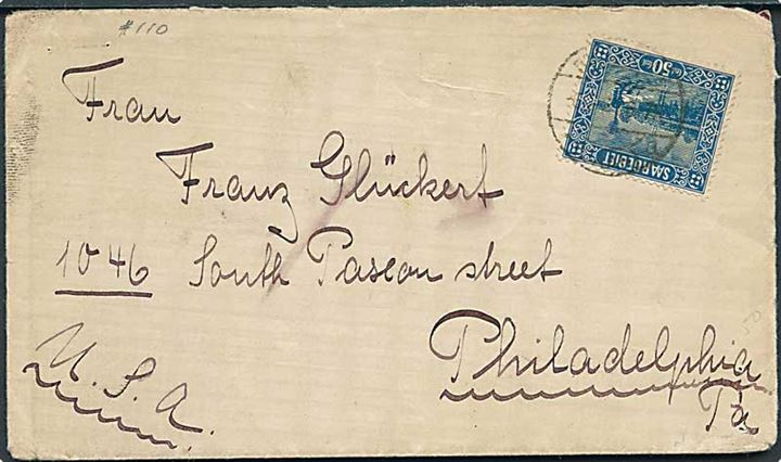 Saargebeit 50 c. single på brev fra 1924 til Philadelphia, USA. Svagt stempel.
