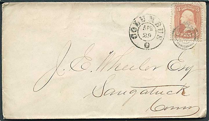 3 cents Washington på brev annulleret med stumt stempel fra Colombus d. 29.4.18xx til Sangatuck.