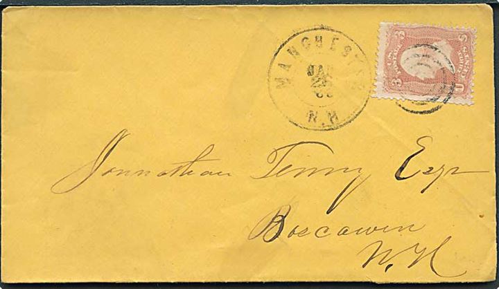 3 cents Washington på brev annulleret med stumt stempel fra Manchester N.H. d. 26.1.18xx til Boscawen, N.H.