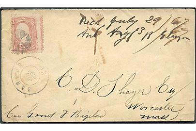 3 cents Washington på brev annulleret med stumt stempel fra Bangor d. 29.7.1867 til Worcester. 