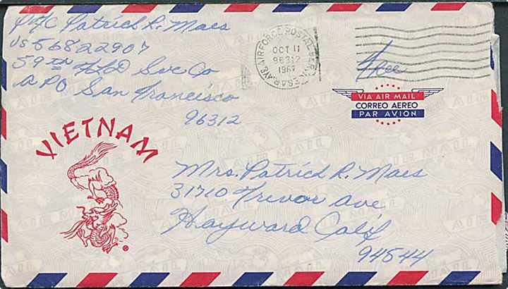 Ufrankeret illustreret feltpostbrev fra Vietnam stemplet Army & Air Force Postal Service APO 96312 (= Cam Ranh, Vietnam) d. 11.10.1967 til USA. Fra 59th Field Service Company APO 96312.
