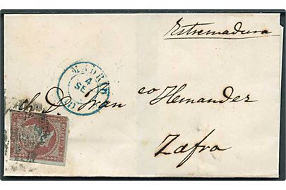 4 c. Isabella utakket på brev annulleret med stumt stempel fra Madrid d. 4.9.18xx til Zafra.