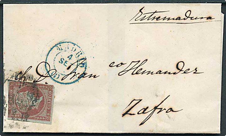 4 c. Isabella utakket på brev annulleret med stumt stempel fra Madrid d. 4.9.18xx til Zafra.