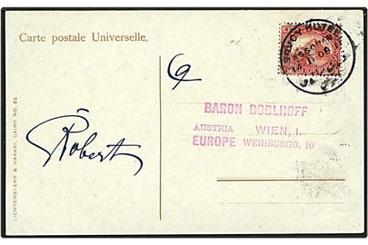 4 milliemes rød på postkort fra Assouan, Egypten d. 14.1.1908 til Wien, Østrig. Stemplet Savoy Hotel Assouan.