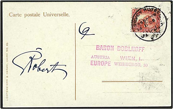 4 milliemes rød på postkort fra Assouan, Egypten d. 14.1.1908 til Wien, Østrig. Stemplet Savoy Hotel Assouan.
