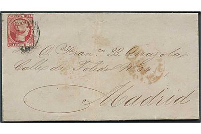 6 c. Isabella utakket på brev annulleret med stumt stempel fra Bilbao 1855 til Madrid.