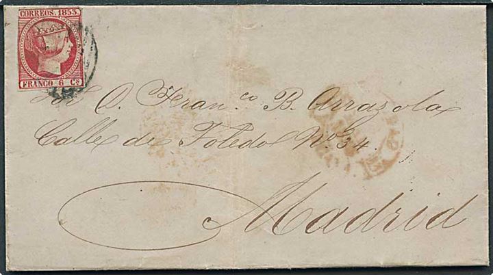6 c. Isabella utakket på brev annulleret med stumt stempel fra Bilbao 1855 til Madrid.