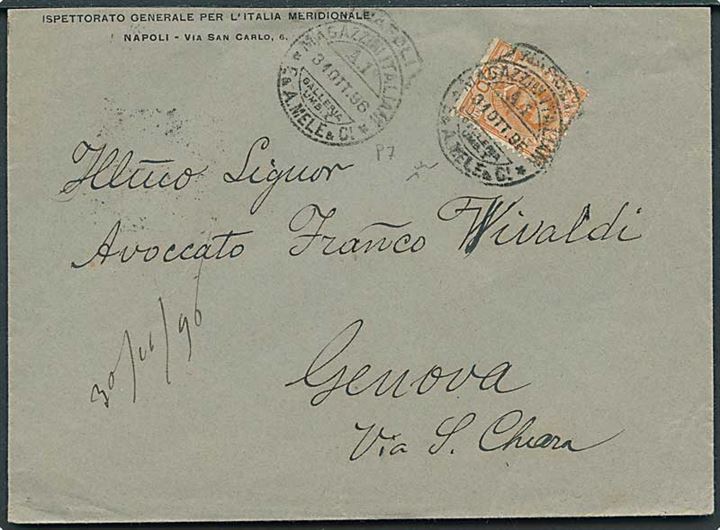 20 c. på brev annulleret med privat stempel Napoli / Magazzini Italiani E.& A. Mele &Ci d. 31.10.1896 til Genova.