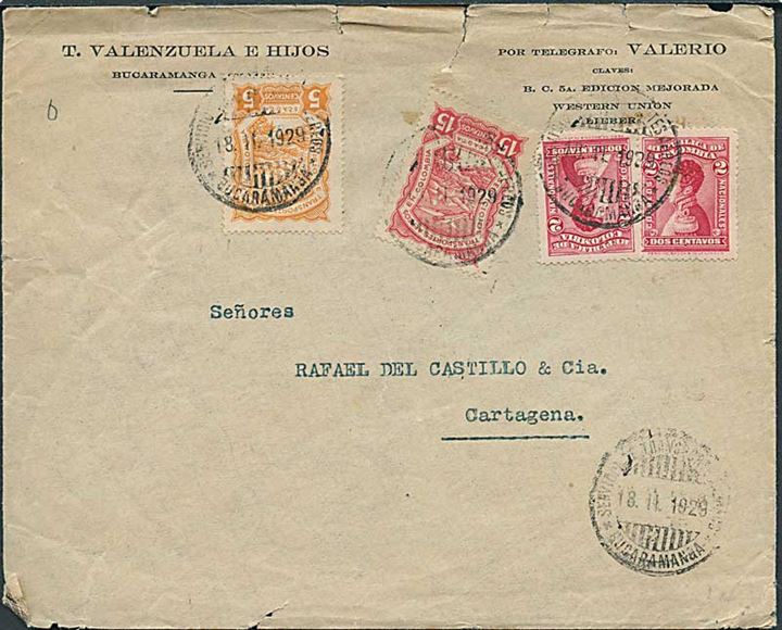Colombia 2 c. (2) og SCADTA 5 c. og 15 c. luftpost udg. på luftpostbrev fra Bucaramanga d. 18.2.1929 til Cartagena. Revet i toppen.