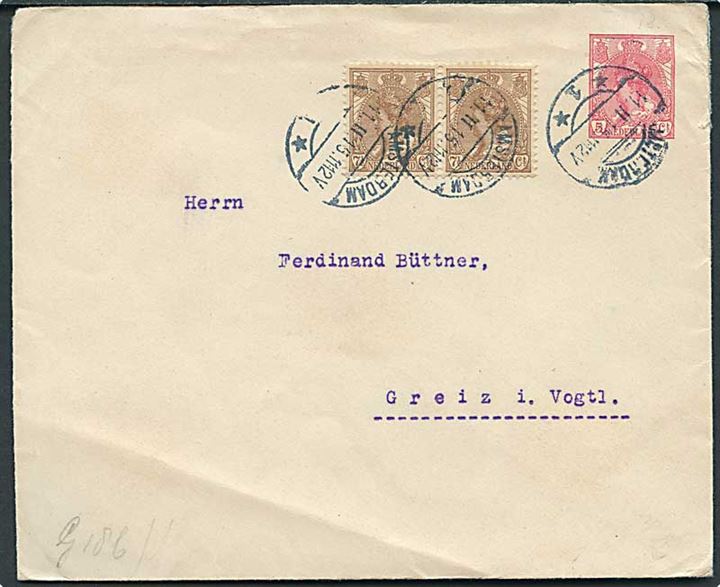 5 c. helsagskuvert opfrankeret med 7½ c. Wilhelmina i parstykke fra Amsterdam d. 11.2.1915 til Greiz, Tyskland.