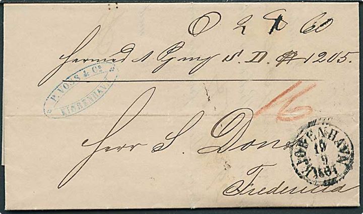 1867. Ufrankeret pakkefølgebrev med antiqua Kjøbenhavn d. 19.9.1867 til Fredericia. Påskrevet 16 skilling porto.