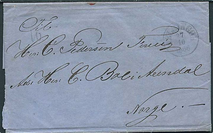 1866. Portobrev med antiqua Helsingør d. 27.10.1866 via Sandøsund til Arendal, Norge.