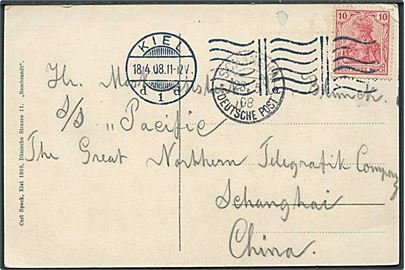 10 pfg. Germania på brevkort fra Kiel d. 18.4.1908 til sømand ombord på S/S Pacific, Store Nordisk Telegrafselskab i Shanghai, Kina. Ank.stemplet Schanghai Deutsche Post d. 28.5.1908.