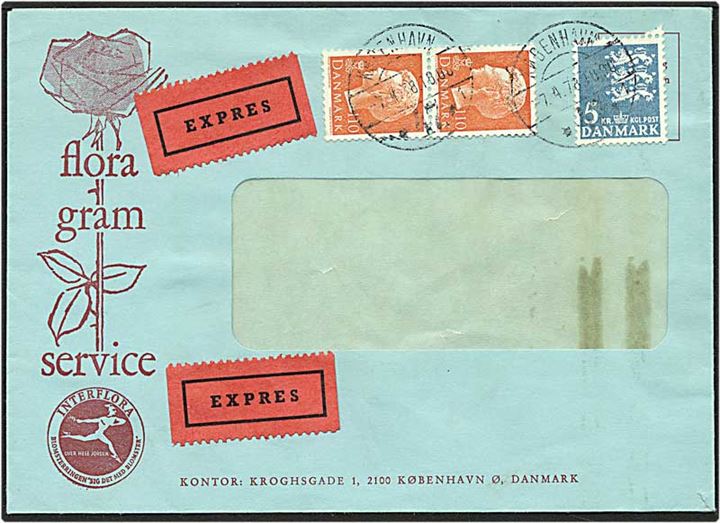 110 øre orange Margrethe og 5 kr. blå rigsvåben på expres brev fra København d. 7.4.1978.