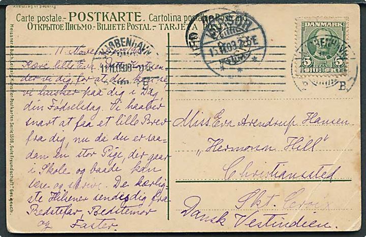 5 øre Fr. VIII på brevkort fra Kjøbenhavn d. 11.11.1908 via Korsør til Christiansted, St. Croix, Dansk Vestindien. Hjørneknæk.