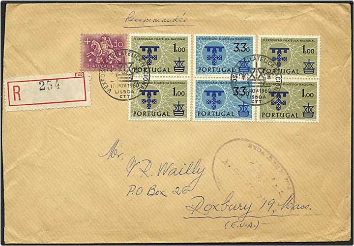 11,20 escudo på Rec. brev fra Lisabon, Portugal, d. 17.11.1960 til Roxbury, USA.